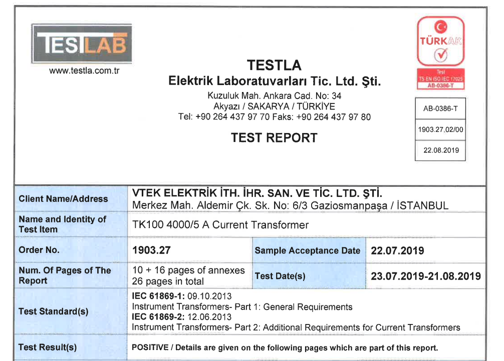 TK 100 Current Transformer Certification
